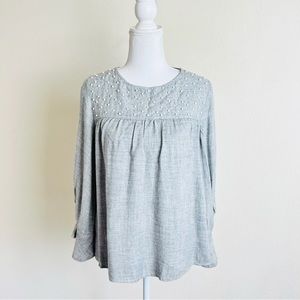 Zara Basic Grey Pearl Embellished Long Sleeve Blouse